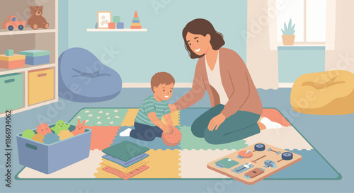 Play Therapist and Sensory Play
A flat vector illustration of a play therapist guiding a child through sensory play using textured toys, balls, or soft mats