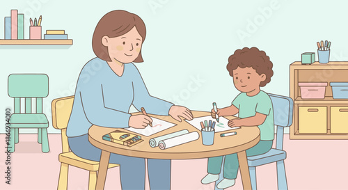 Play Therapist Using Drawing Therapy
A flat vector illustration of a play therapist encouraging a child to draw with crayons or markers at a small table. 