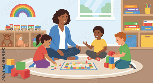 Play Therapist Group Session
A flat vector illustration of a play therapist facilitating a small group of children playing together. Board games, building blocks, or cooperative toys are visible. 
