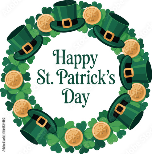 A vibrant circular wreath adorned with green hats golden coins and shamrocks celebrates the joyous occasion of st patrick s day