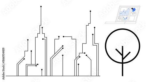 Smart cities, sustainability, data analysis, IoT technology, future urban planning, digital networks. A cityscape with circuit lines, modern tree icon and a data analytics dashboard. Smart cities
