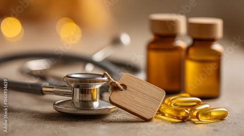 Immersive Pharmaceutical Capsule Composition with Stethoscope in Digital Wellness Context – Radiant Visual for Health Tech Branding