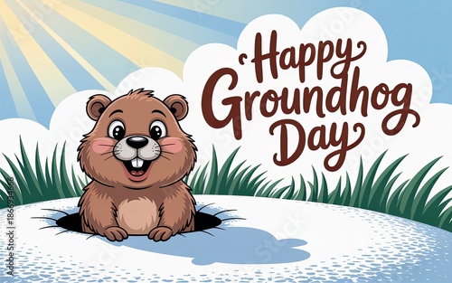 Happy Groundhog Day Cute Groundhog Character With Snowy Background