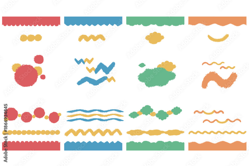 Fototapeta premium クレヨンタッチ 抽象あしらい ヘッダー・フッターセット にぎやかカラー Crayon Style Abstract Header & Footer Set for Kids Website – Bright Color