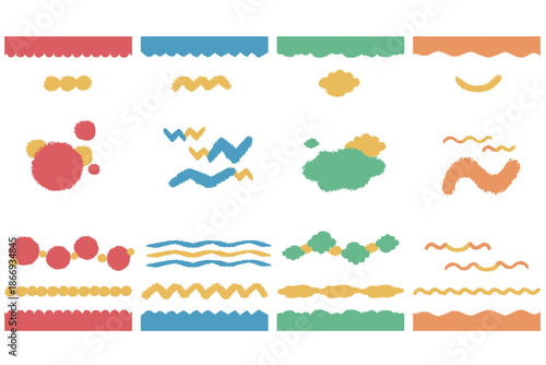 クレヨンタッチ 抽象あしらい ヘッダー・フッターセット にぎやかカラー
Crayon Style Abstract Header & Footer Set for Kids Website – Bright Color