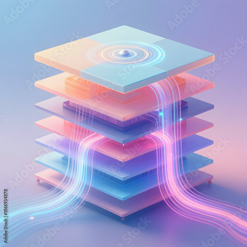 Vibrant 3D illustration of layered technology concept with glowing neon lines