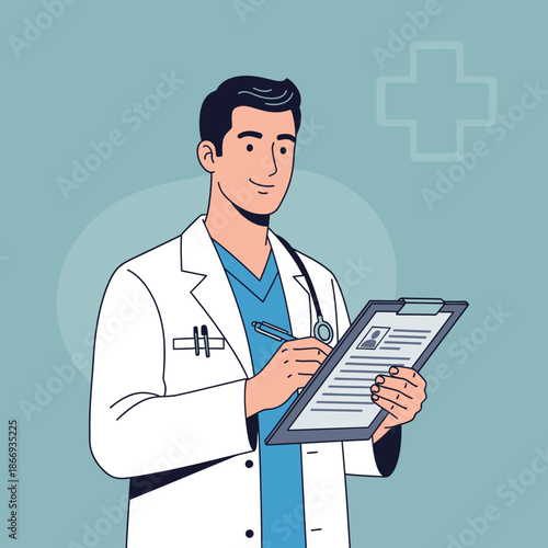 Doctor taking notes on clipboard in clinic