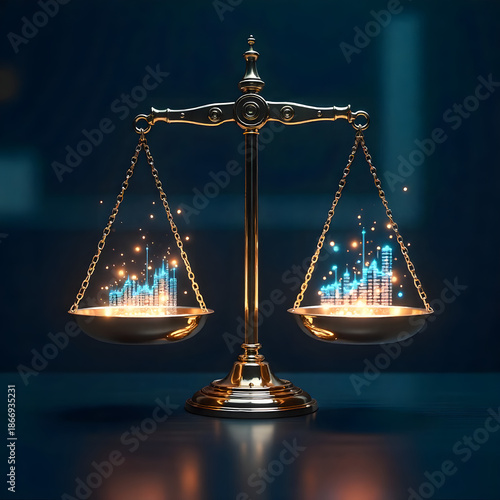 Golden scales balancing city skylines with futuristic data visualization