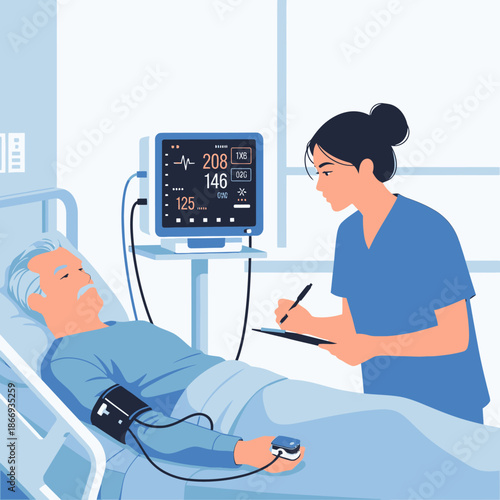 Nurse monitoring patient's vital signs in hospital