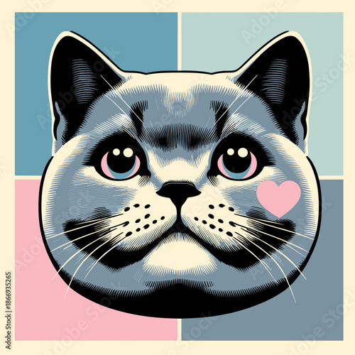 British shorthair cat for Valentine’s Day in pastel pop art style