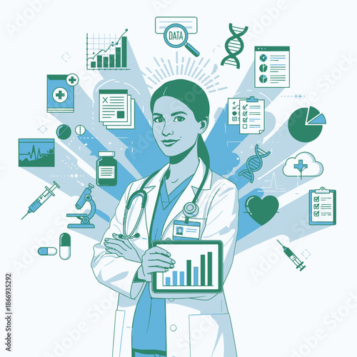 Female doctor with medical data and technology icons