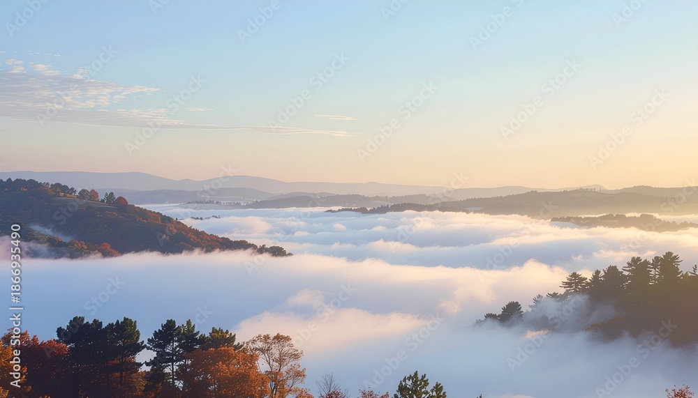Fototapeta premium Serene landscape featuring misty valleys and colorful autumn foliage under a clear sky