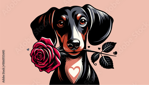 Dachshund with rose showing loyal love on Valentine pop art design