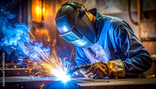 A welder in protective gear skillfully works, creating bright sparks during the welding process