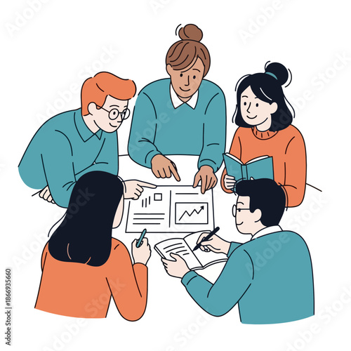 Diverse group of young professionals actively collaborating, discussing project strategies, analyzing data and taking notes during a productive team meeting