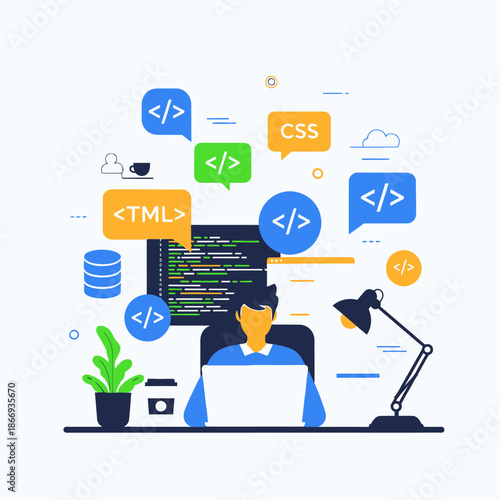 Web developer working on laptop with code