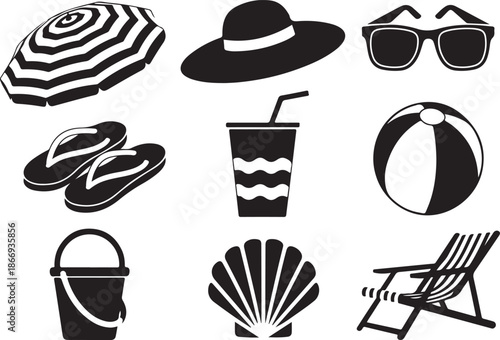 Black and white beach vacation icons including umbrella, sun hat, sunglasses, flip flops, cold drink, beach ball, bucket, seashell, lounge chair
