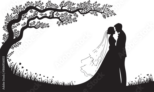 Black vector silhouette illustration of a romantic couple on the beach showing a married bride and groom kissing in a wedding celebration