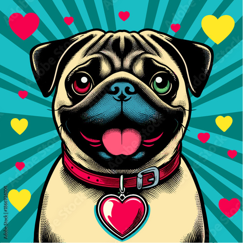 Happy pug with heart-shaped tag surrounded by hearts on pop art background