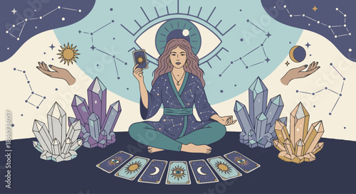  Tarot Reader with Crystal and Cards
A flat vector illustration of a tarot reader surrounded by crystals, tarot cards, and symbolic elements like eyes or constellations. 