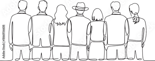 Contour line drawing group of people waiting in queue. Crowd standing at concert, meeting back view