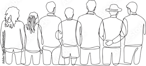 Contour line drawing group of people waiting in queue. Crowd standing at concert, meeting back view