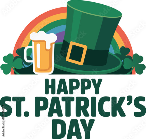 a vibrant illustration showcasing a green top hat a frothy beer mug a rainbow and shamrocks for st patrick s day