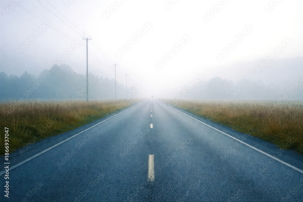 Fototapeta premium A foggy road with a lone figure in the distance