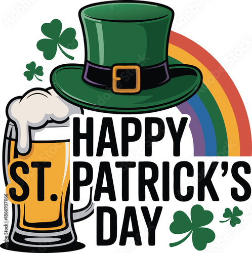 A vibrant illustration depicts a pint of beer a leprechaun s hat a rainbow and clover leaves for st patrick s