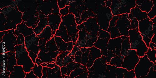 Abstract Neon Red Cracked Earth Pattern on Black Background, Vector illustration.