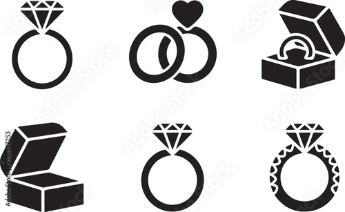 Diamond engagement rings with wedding bands and open ring boxes vector icons in black and white design