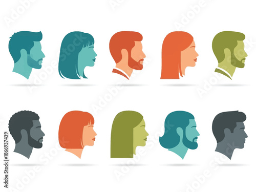 Diverse group of people profiles in silhouette style.