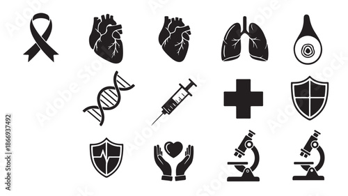 Medical Health Icons Set with Heart, DNA, Syringe and Shield, Microscope