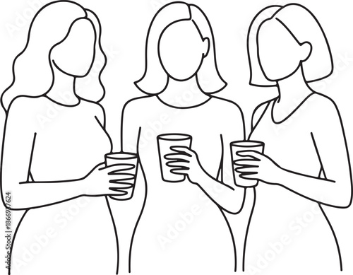 Girls drinking alcohol continuous one line vector drawing