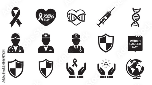 World Cancer Day Icons with Ribbons, Shields, and Medical Symbols
