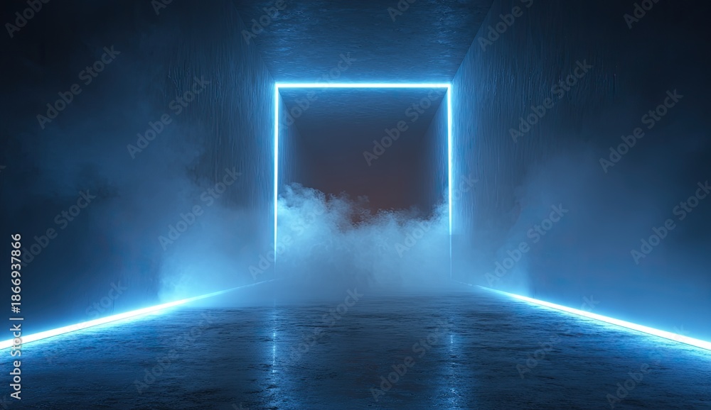 Futuristic tunnel bathed in blue light, a neon square frames smoky vapor, concrete floors and walls