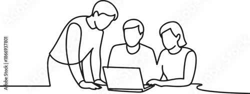 Group of three people working together continuous one line vector drawing. Students preparing to exams, doing homework. Coworking. Job meeting, discussion