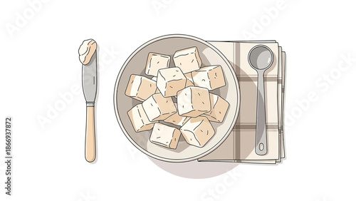 Cream Cheese Cubes at Room Temperature in Bowl with Minimal Kitchen Elements ? Flat 2D Vector Illustration