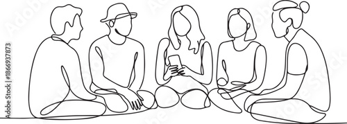 Group of young people sitting on ground together and talking. Friends rest and communicate. Continuous line art drawing style. Minimalist black linear sketch on white background. Vector illustration