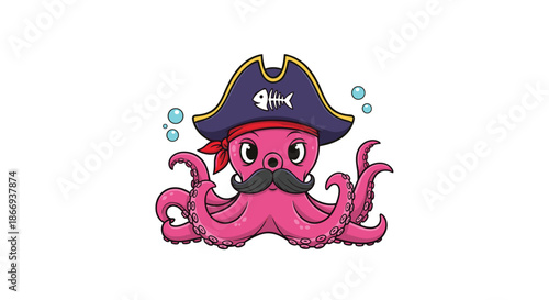 Cute pink octopus character dressed as a pirate, complete with a hat, red bandana, and a charming black mustache, in the water.