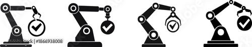 Four robotic arms depicted in a minimalist black and white style, each showing different positions, indicating precision and functionality.