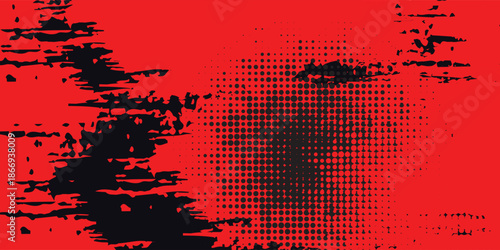 Abstract Geometric Grunge and Halftone Dots Pattern on Vivid Red, Vector illustration.