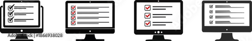 Four computer screens display checklists, symbolizing task completion and organization in digital environments.