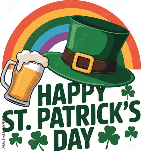 A vibrant illustration showcases a green top hat a frothy beer mug and a rainbow celebrating st patrick s day festivities
