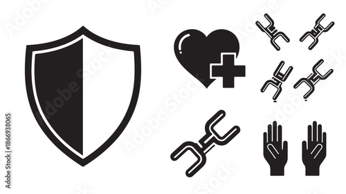 Black Shield Icon with Medical and Tool Symbols on White Background