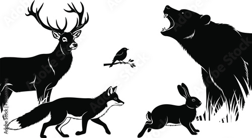 Silhouettes of forest animals in a serene natural setting