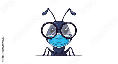 Cute cartoon ant character peeking over an edge, wearing nerdy round glasses and a blue protective medical face mask.
