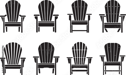 Holiday and Comfort Chair Silhouettes Vector, Adirondack, Deck, and Garden Furniture Icons Set for Relaxation and Beach Graphics