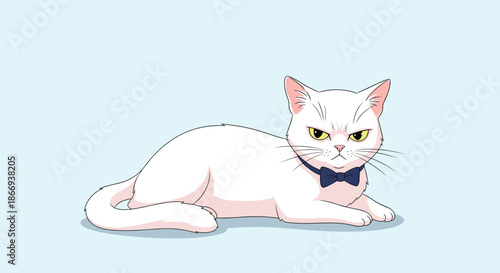 Elegant but grumpy white cat with piercing yellow eyes and a formal blue bowtie lies down with a displeased expression.