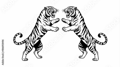Title Rearing Tigers Silhouettes Set for Heraldic Mascot Logo and Traditional Cultural Decorative Art